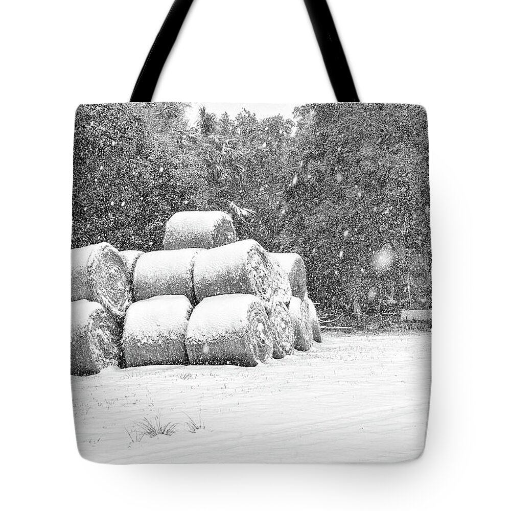 Chisolm Tote Bag featuring the photograph Snow Covered Hay Bales by Scott Hansen