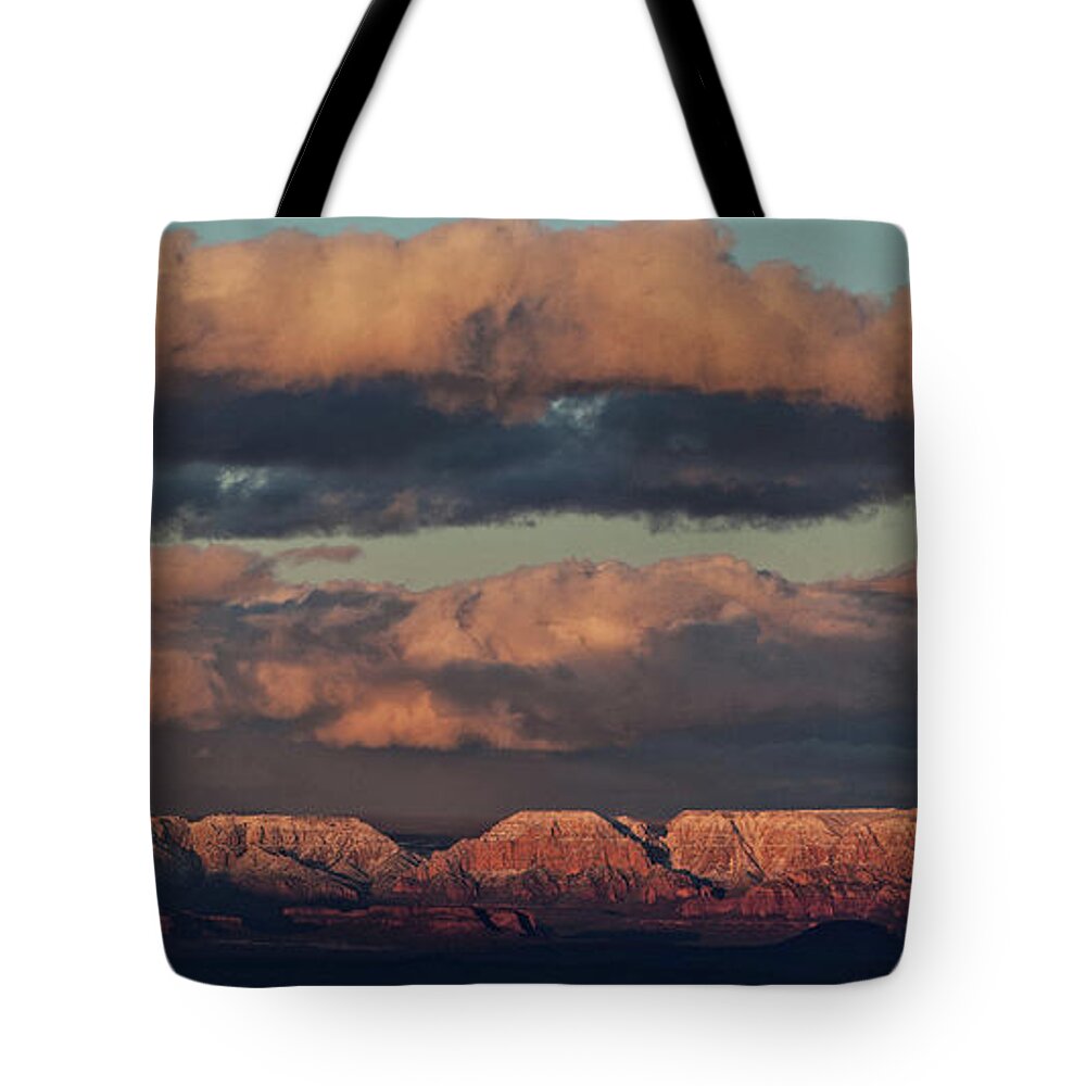Panorama Tote Bag featuring the photograph Snow covered Red Rock Panorama by Ron Chilston