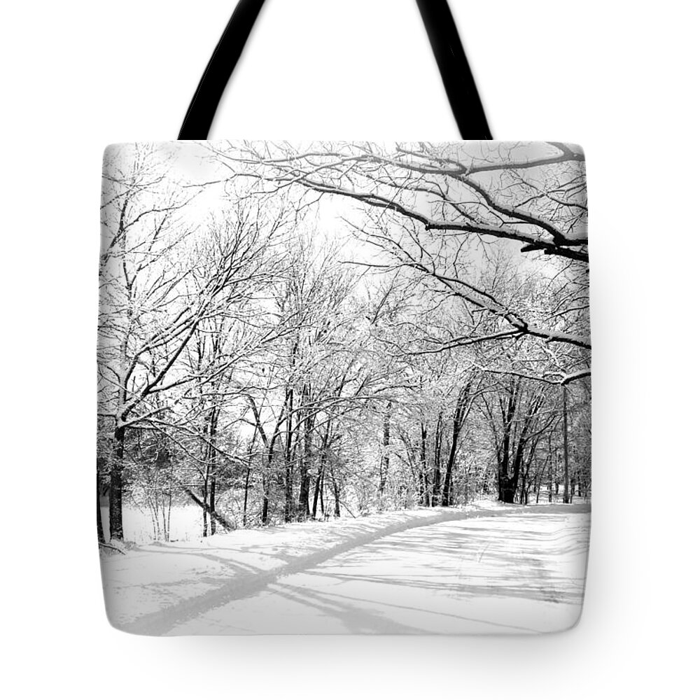Snow Covered River Road Tote Bag featuring the photograph Snow Covered River Road by Kathy M Krause