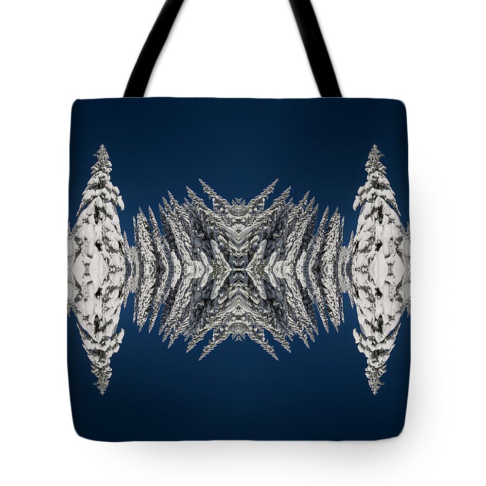 Frost Tote Bag featuring the digital art Snow Covered Trees Kaleidoscope by Pelo Blanco Photo