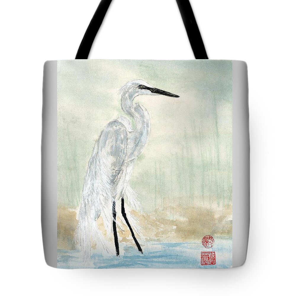Egret Tote Bag featuring the painting Snow Egret by Terri Harris
