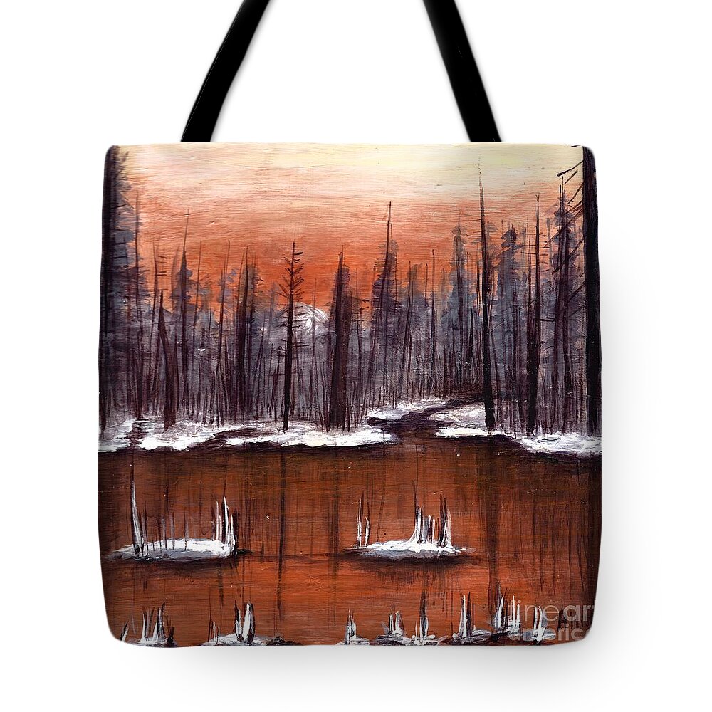 #snow #trees #water #forests #lakes #frozen #landscapes #glow #copper Tote Bag featuring the painting Snow Glow by Allison Constantino