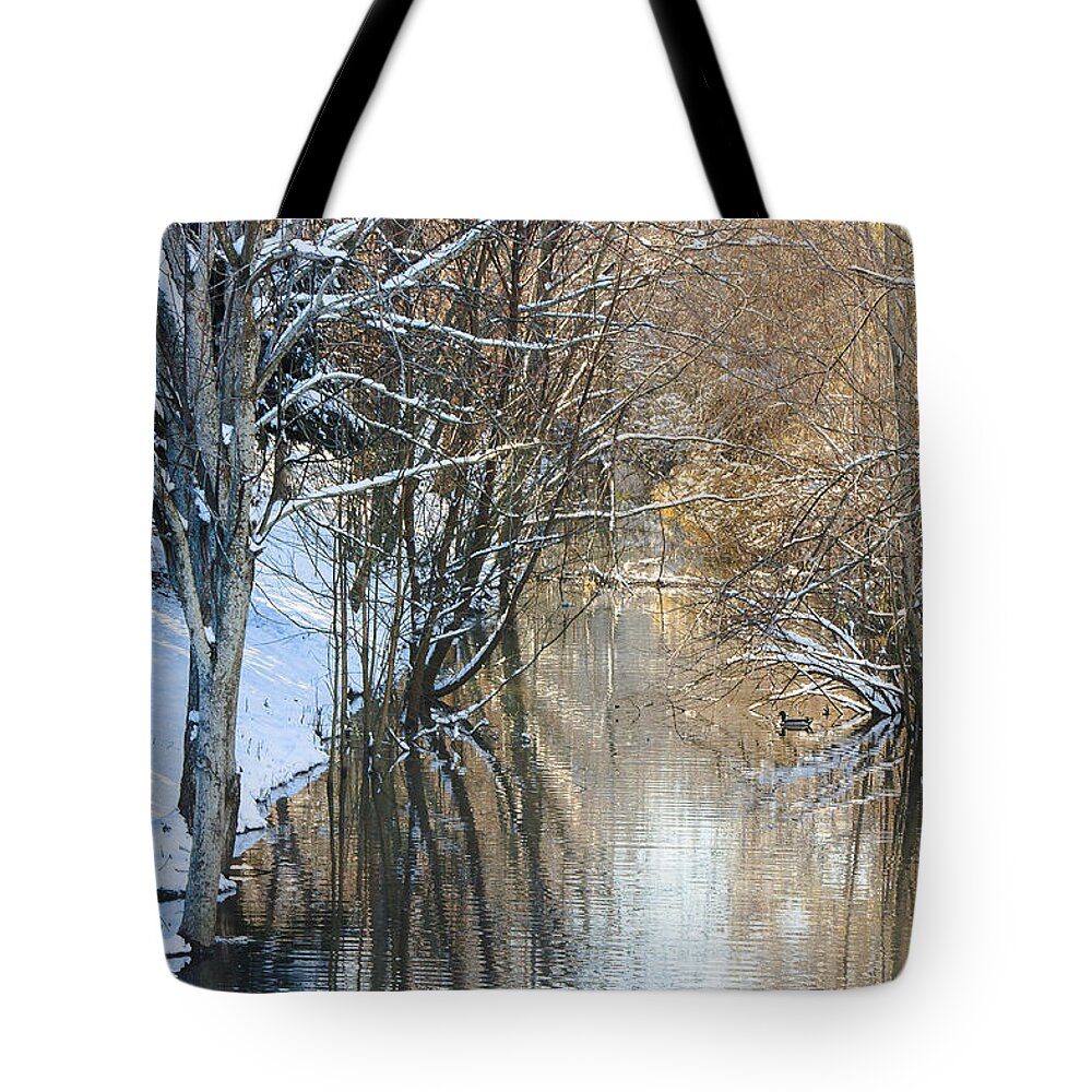 Reflections Tote Bag featuring the photograph Snow in the Channel by Joni Eskridge