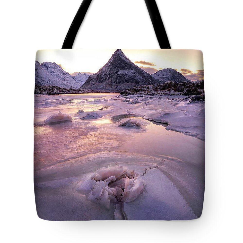 Lofoten Tote Bag featuring the photograph Snow incredible mountain views by Andy Bucaille