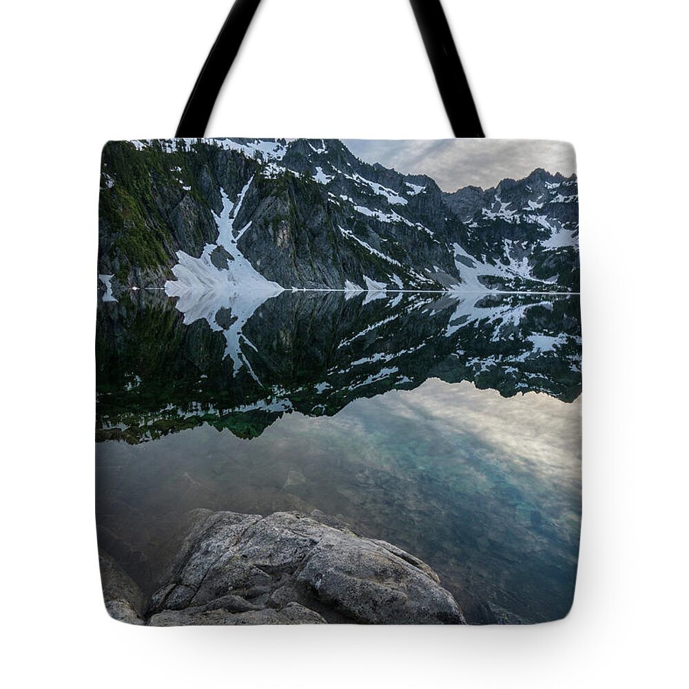 Snow Lake Tote Bag featuring the photograph Snow Lake Chair Peak Dusk Reflection by Mike Reid