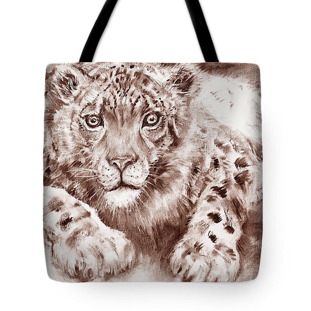 Animal Tote Bag featuring the painting Snow Leopard in Sepia by Arti Chauhan