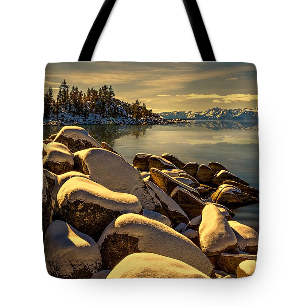 Landscape Tote Bag featuring the photograph Snow On Boulders by Maria Coulson