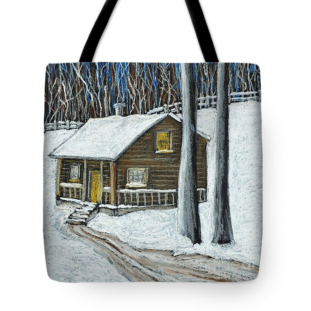 Cabins Tote Bag featuring the pastel Snow on Cabin by Reb Frost