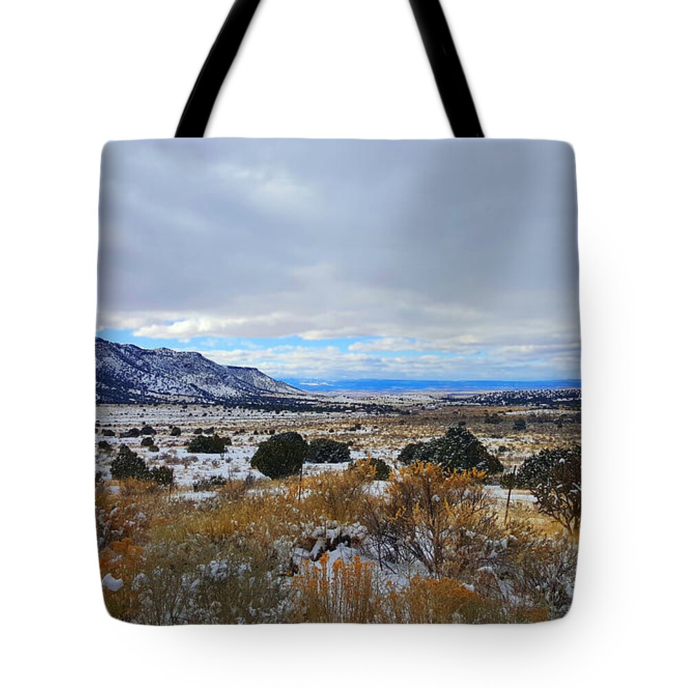 Southwest Landscape Tote Bag featuring the photograph Snow on the prairie by Robert WK Clark
