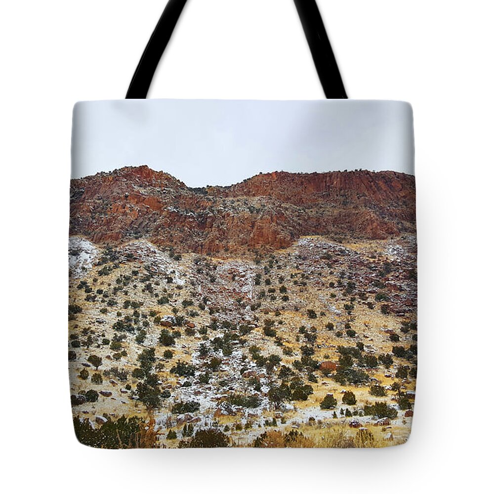 Southwest Landscape Tote Bag featuring the photograph Snow on the rocks by Robert WK Clark