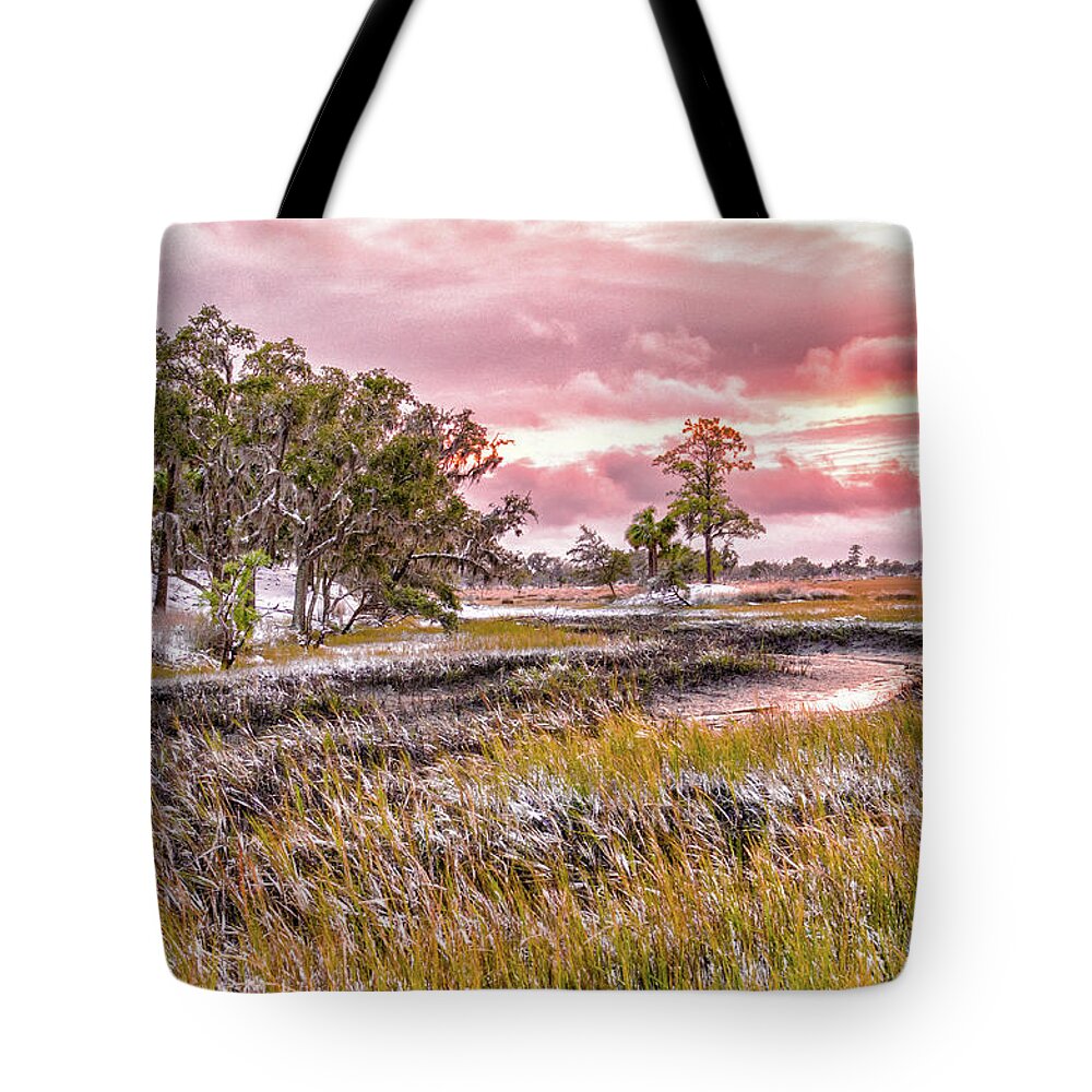 Chisolm Tote Bag featuring the photograph Snow Sunset -Marsh View by Scott Hansen