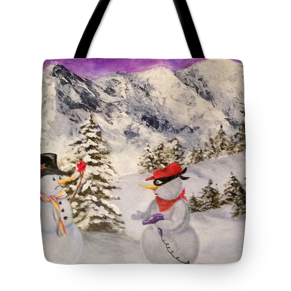 Snowman Tote Bag featuring the painting Snowie Hold-Up by Donna Tucker