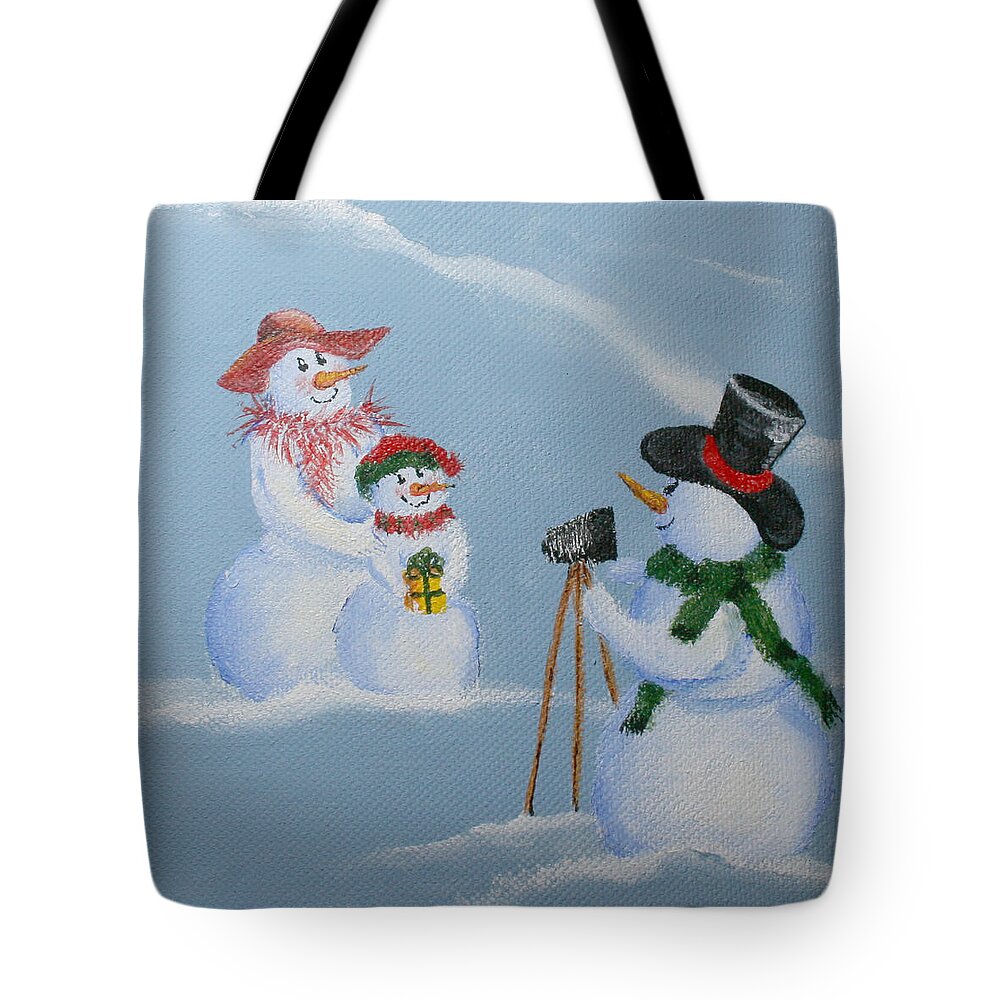 Snowman Tote Bag featuring the painting Snowie Photographer by Donna Tucker