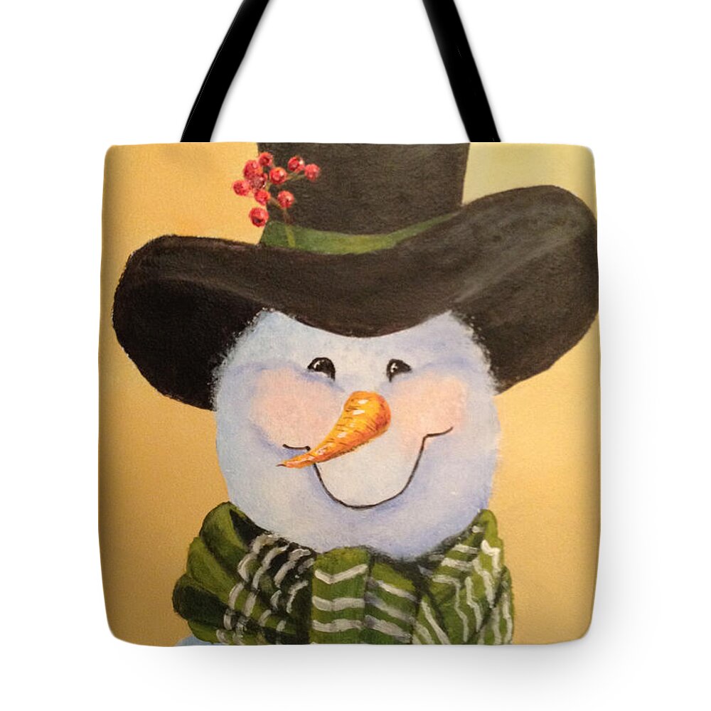 Snowie Tote Bag featuring the painting Snowman in Green Scarf by Donna Tucker