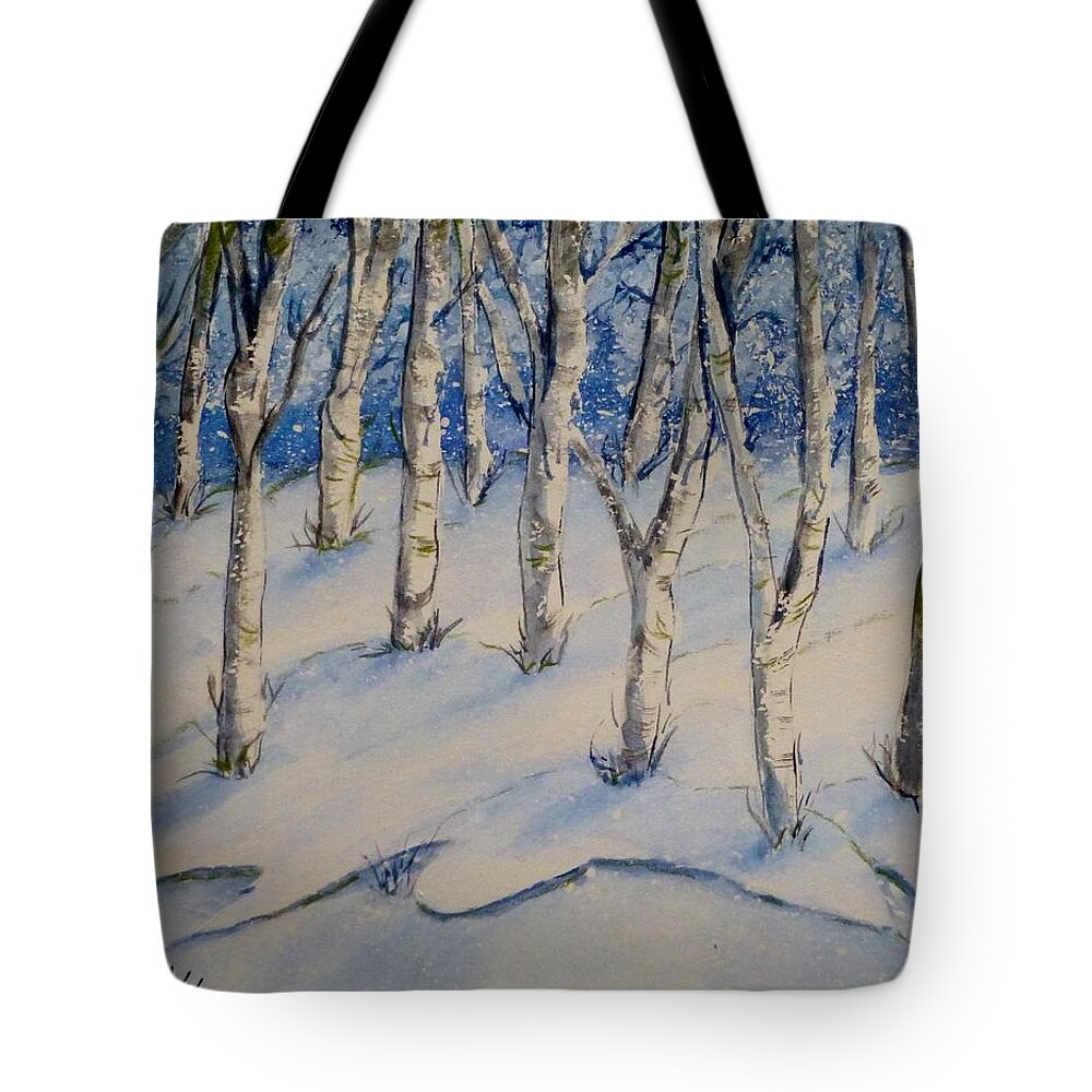 Birch Trees Tote Bag featuring the painting Snowy Birch Trees by Kelly Mills