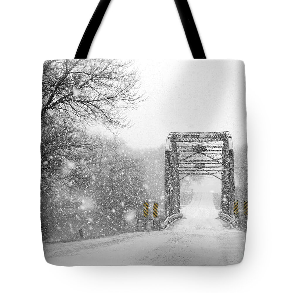 Snowy Day And One Lane Bridge Tote Bag featuring the photograph Snowy Day And One Lane Bridge by Kathy M Krause