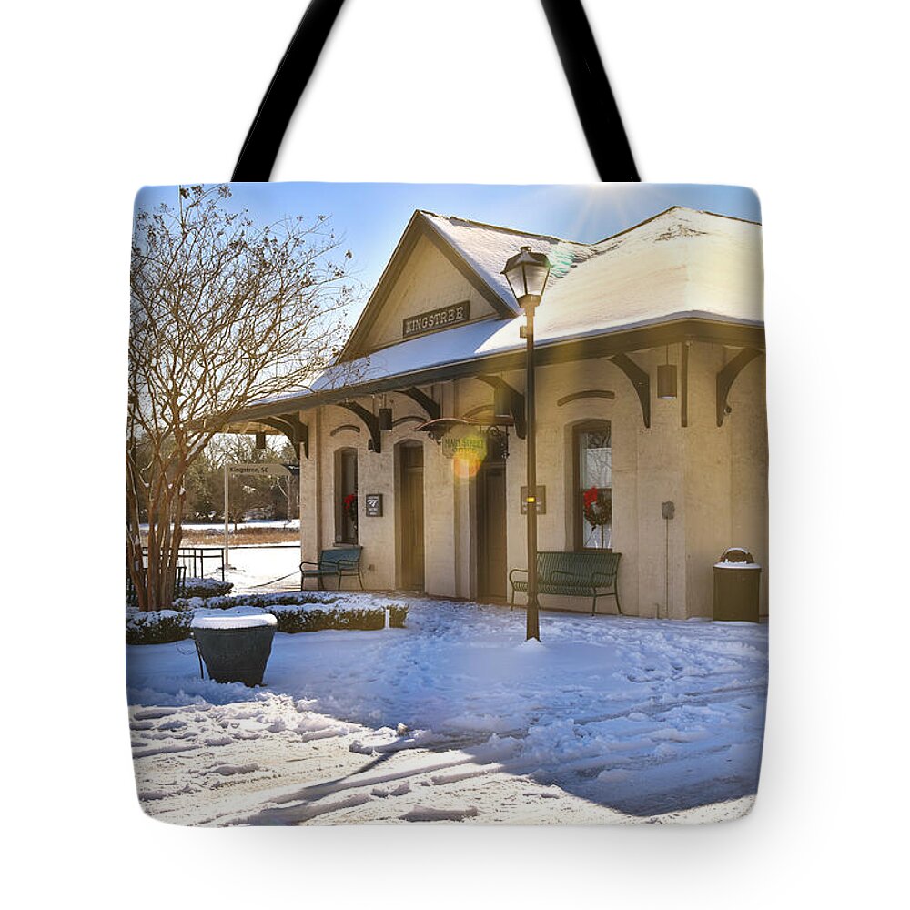 Snow Tote Bag featuring the photograph Snowy Depot by Linda Brown