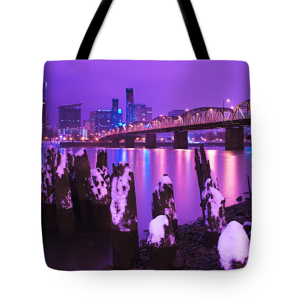 Portland Oregon Usa Downtown Waterfront Skyline Dusk Sunset Blue Hour Snow Snowy Stumps Pilings Bridge Hawthorne Tote Bag featuring the photograph Snowy Evening in Stumptown by Patrick Campbell