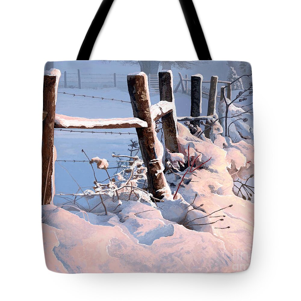 Frozen Tote Bag featuring the painting Snowy Fence Line by Jackie Case