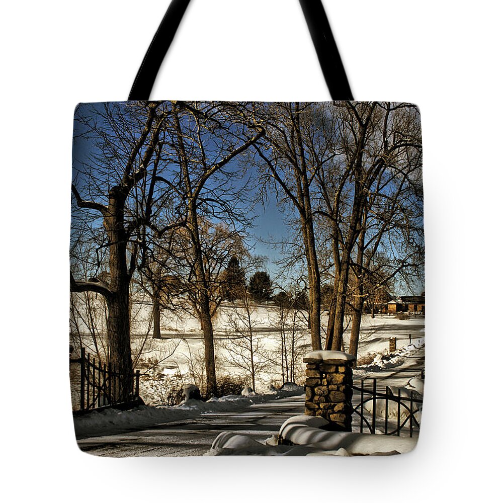 Snow Tote Bag featuring the photograph Snowy Gates by Onedayoneimage Photography