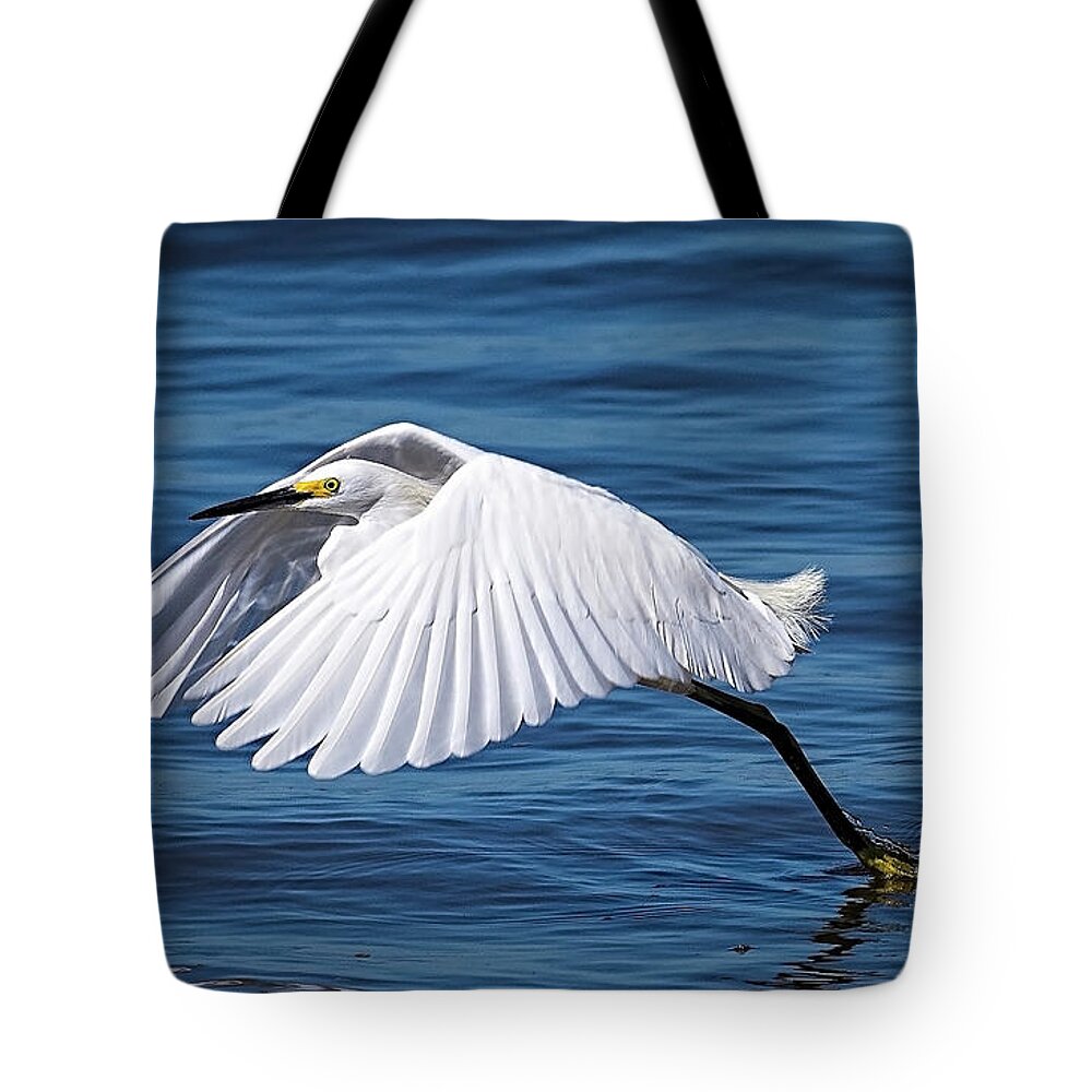 Egret Tote Bag featuring the photograph Snowy Liftoff by DB Hayes