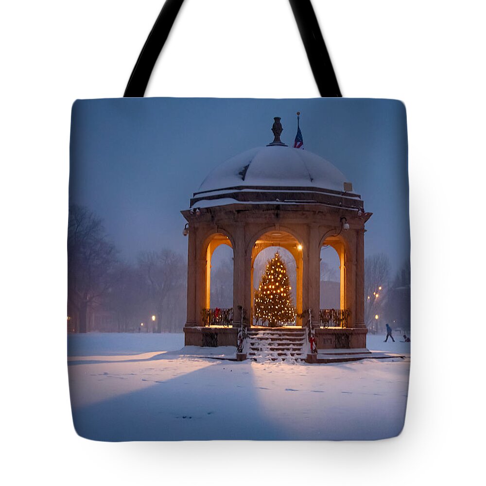 Salem Tote Bag featuring the photograph Snowy night on the Salem Common by Jeff Folger