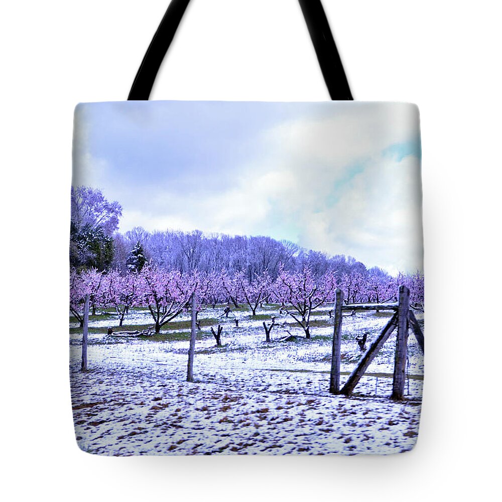 Peaches Tote Bag featuring the photograph Snowy Peach Orchard by Lydia Holly