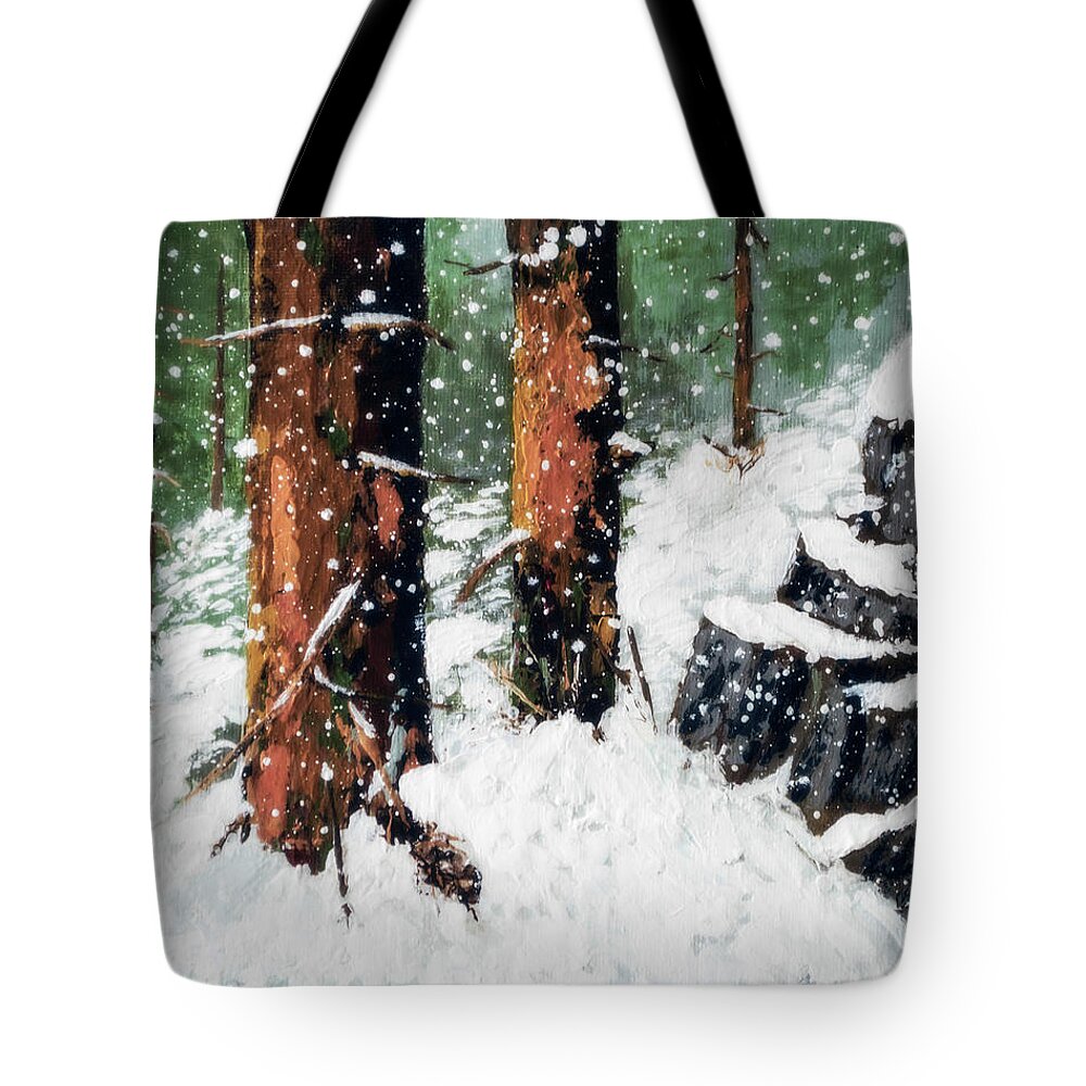 Redwood In Snow Tote Bag featuring the painting Snowy Redwood Dream by L J Oakes