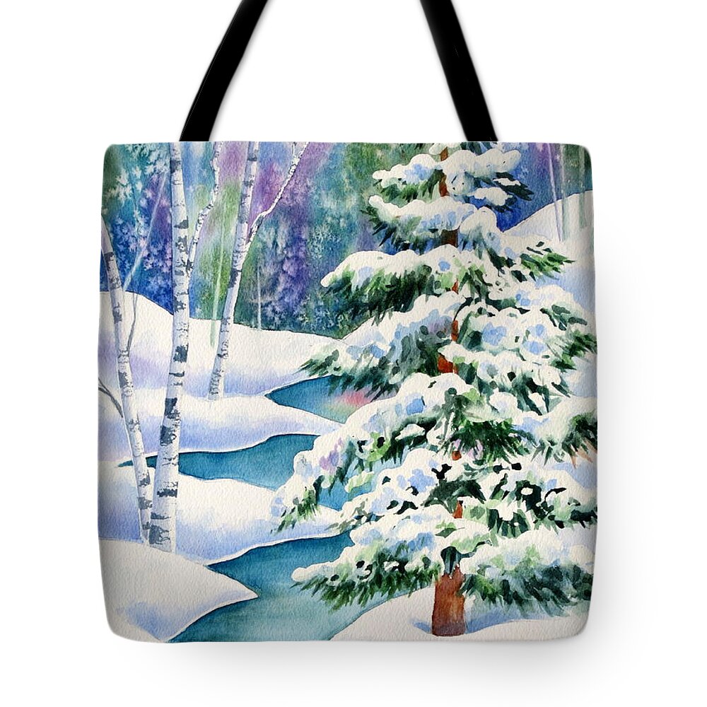 Winter Landscape Tote Bag featuring the painting Snowy River by Deborah Ronglien