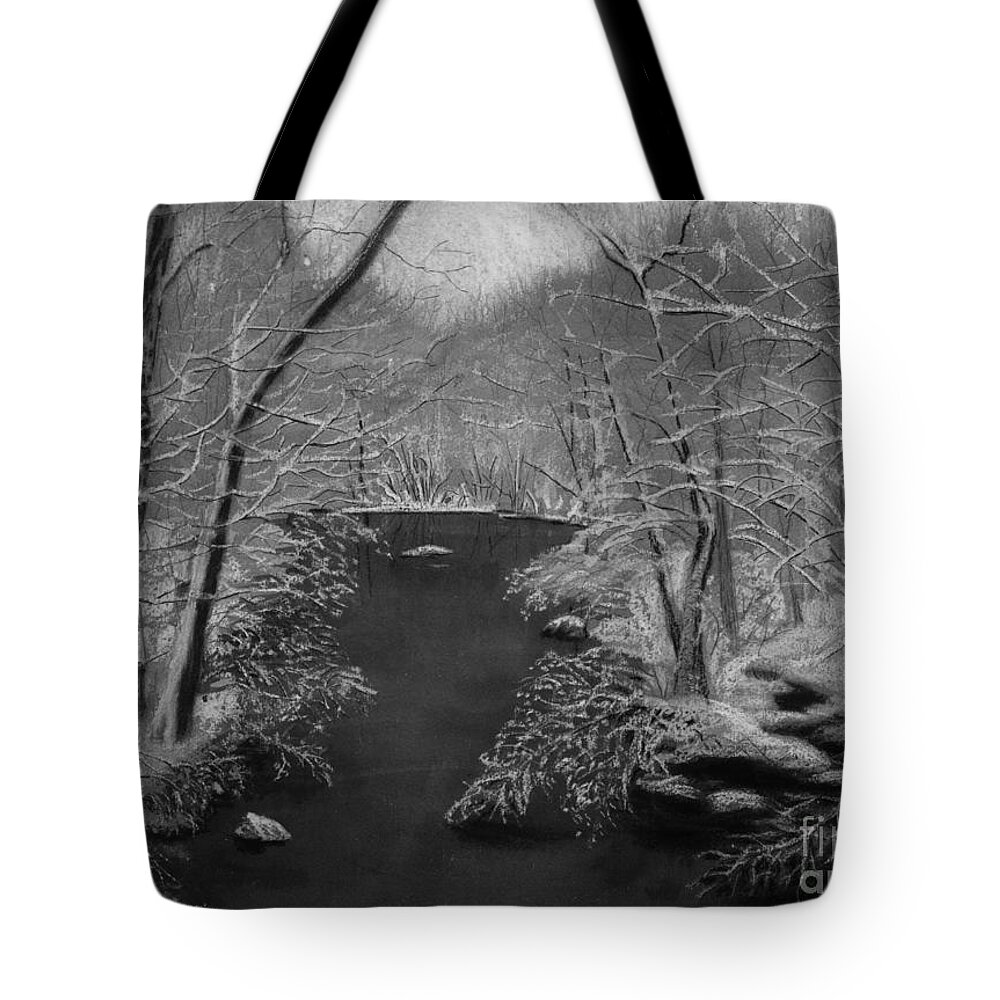 Black And White Tote Bag featuring the painting Snowy River by Lynn Quinn