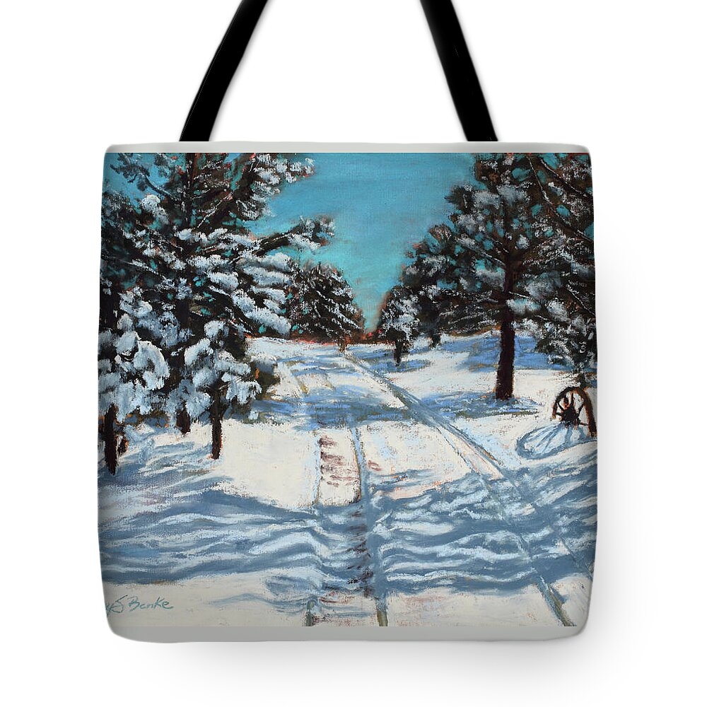 Snow Tote Bag featuring the pastel Snowy Road Home by Mary Benke