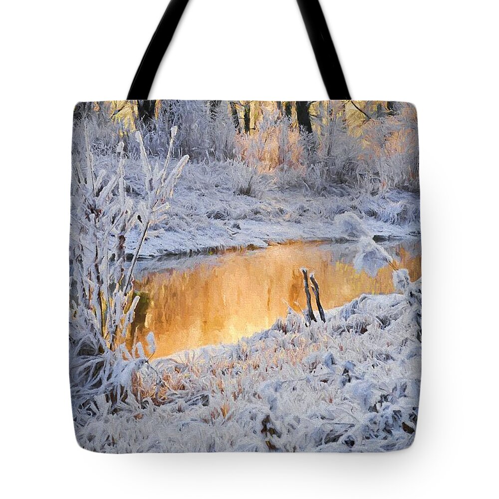 Landscape Tote Bag featuring the digital art Snowy Sunset by Charmaine Zoe
