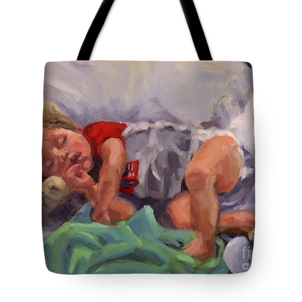 Grandchild Tote Bag featuring the painting Snug As A Bug by Nancy Parsons