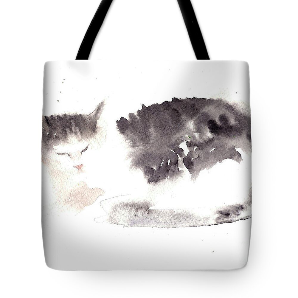 Cats Tote Bag featuring the painting Snuggling cat by Asha Sudhaker Shenoy