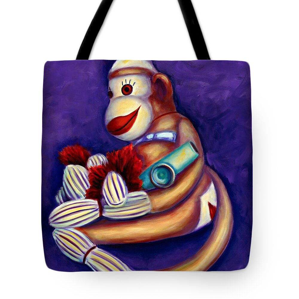Children Tote Bag featuring the painting Sock Monkey With Kazoo by Shannon Grissom