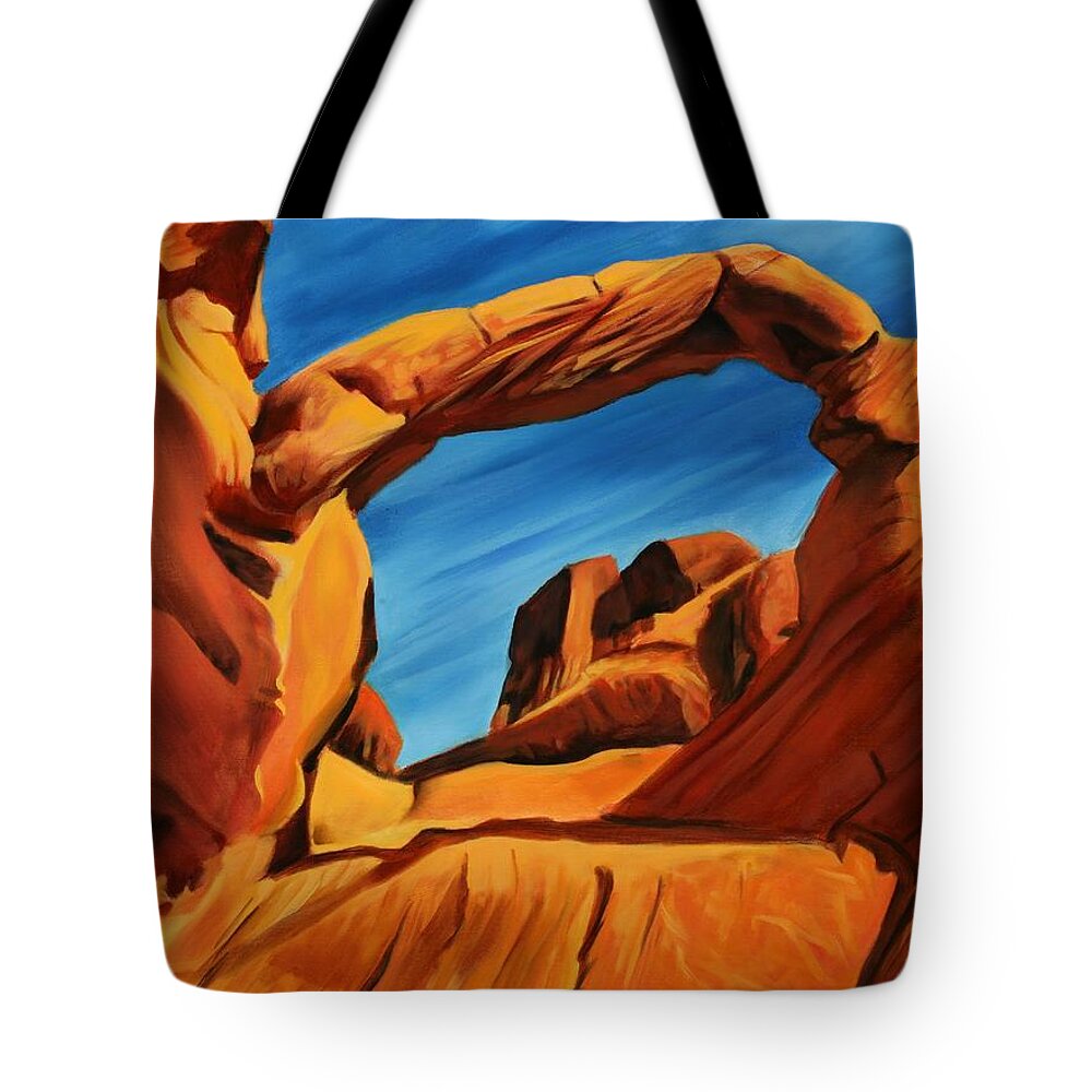 Red Rocks Tote Bag featuring the painting Solitude and the Cobalt Sky by Sandi Snead