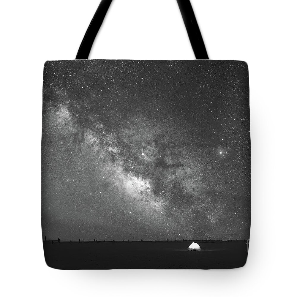 Solitude Under The Stars Tote Bag featuring the photograph Solitude Under The Stars BW by Michael Ver Sprill