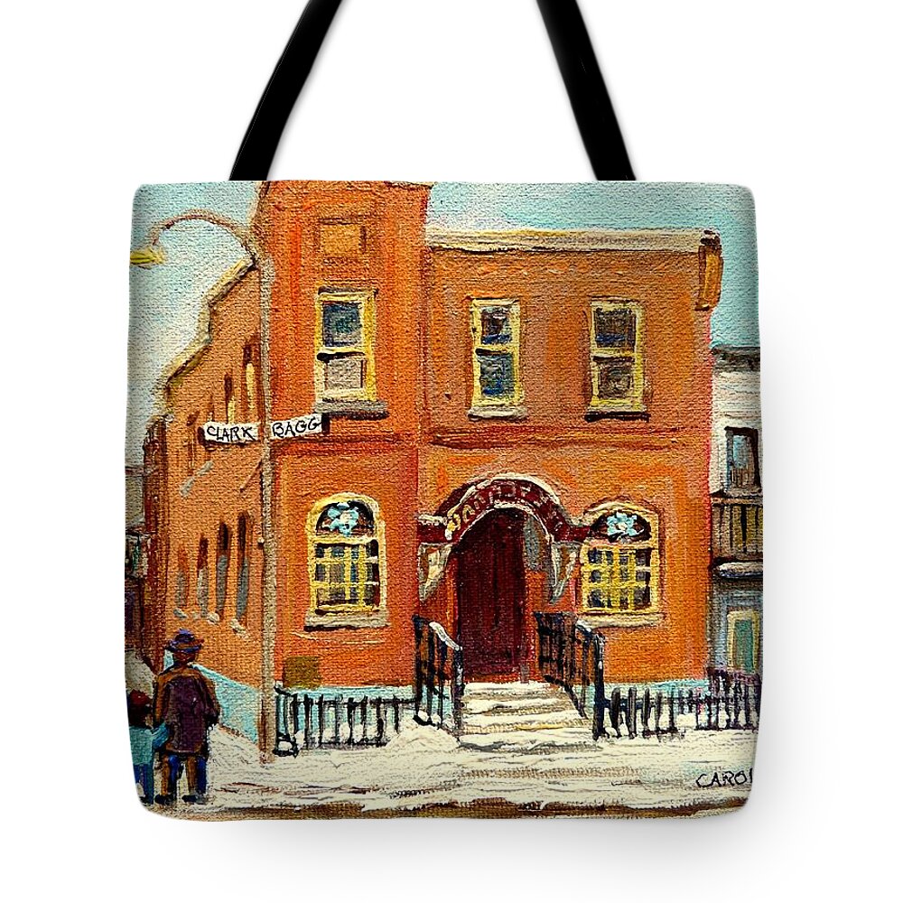 Bagg Street Synagogue Tote Bag featuring the painting Solomons Temple Montreal Bagg Street Shul by Carole Spandau