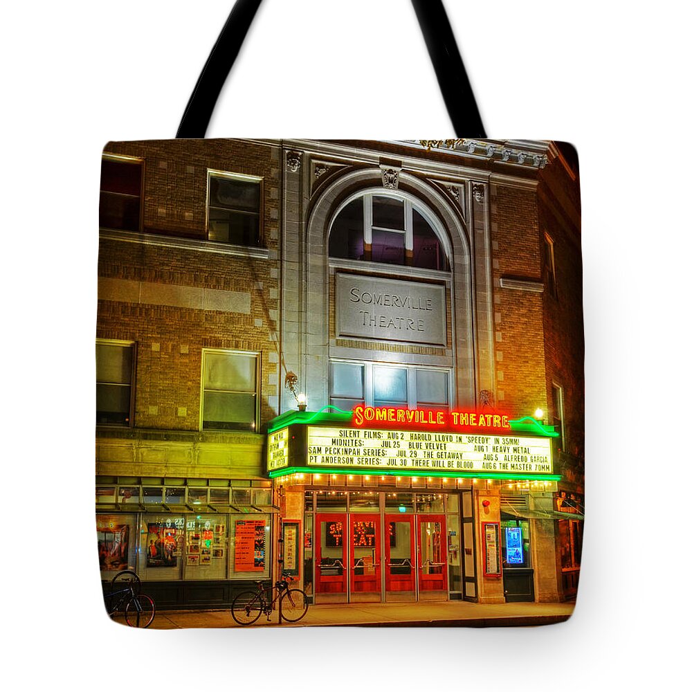 Somerville Tote Bag featuring the photograph Somerville Theater in Davis Square Somerville MA by Toby McGuire