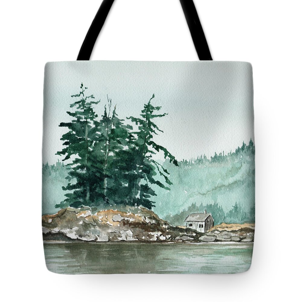Landscape Watercolor Scenery Scenic Nature Wilderness Cabin Shack Trees Water Rural Tote Bag featuring the painting Sometimes A Great Notion by Brenda Owen