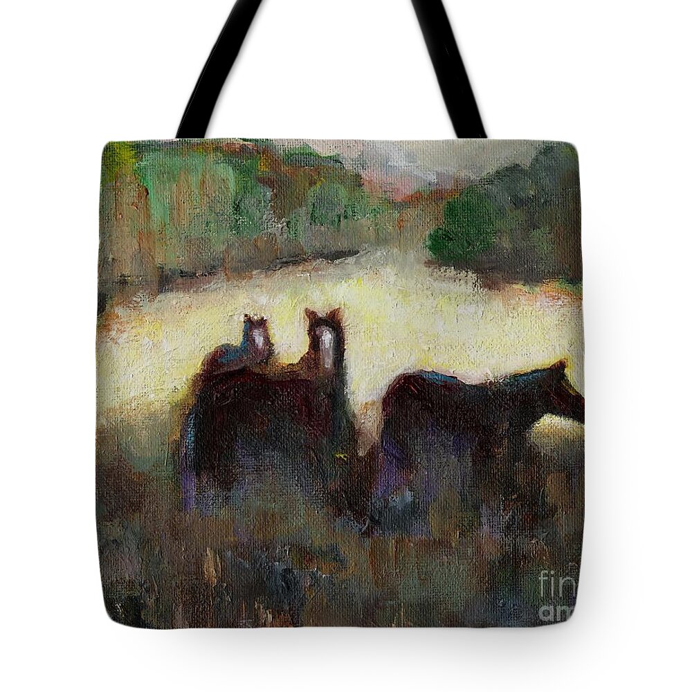 Horses Tote Bag featuring the painting Sometimes We Need To Get Out of The Heat by Frances Marino