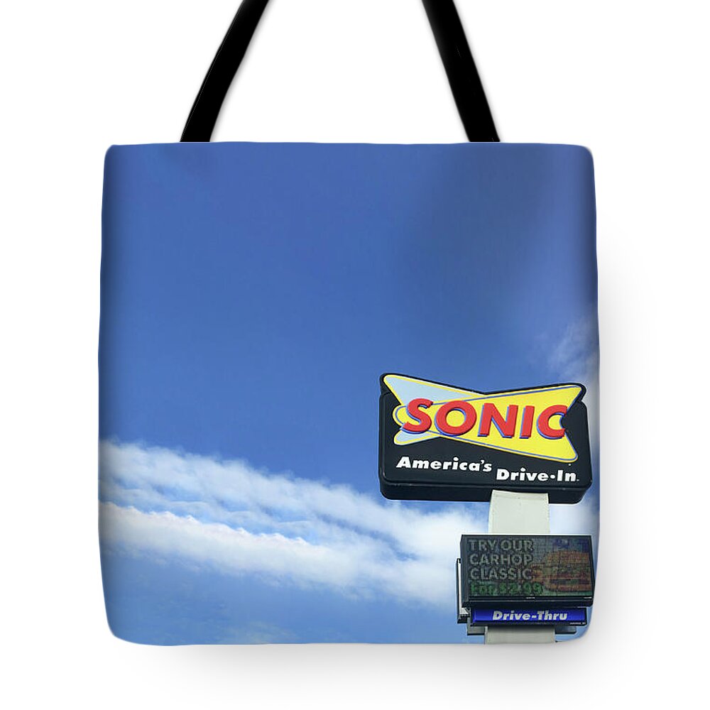 America's Tote Bag featuring the photograph Sonic Americas Drive In Dark Blue Sky by Bert Peake