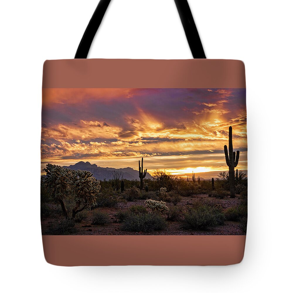 Sunrise Tote Bag featuring the photograph Sonoran Saguaro Sunrise by Saija Lehtonen
