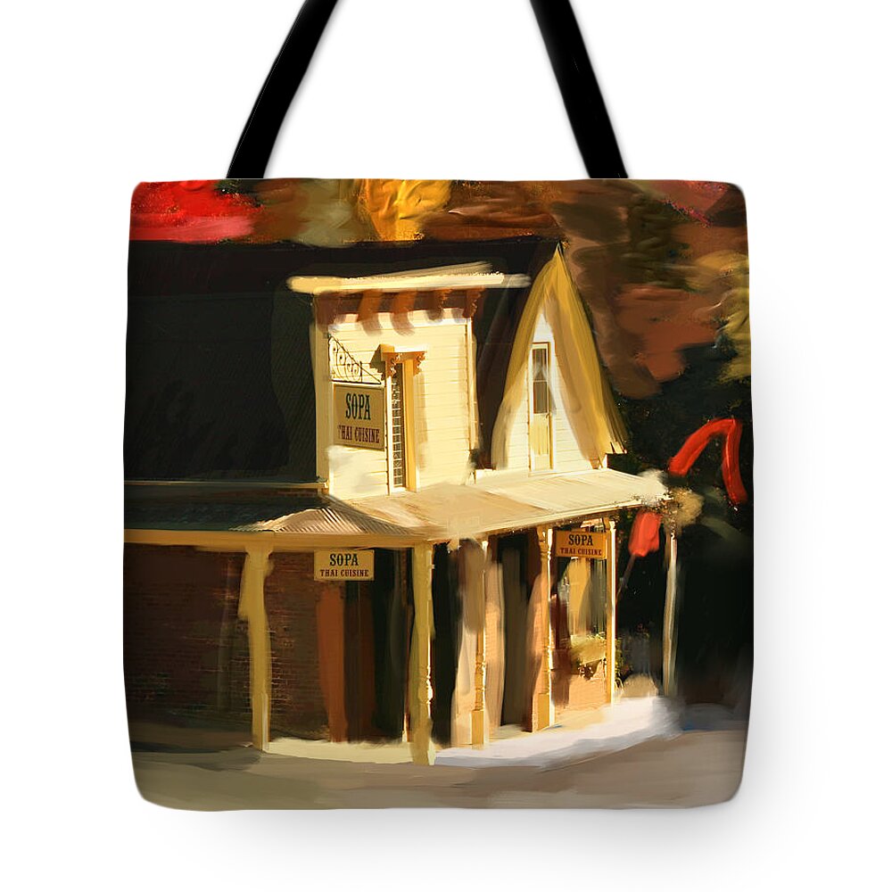 Nevada City Tote Bag featuring the digital art Sopa Thai Restaurant by Lisa Redfern