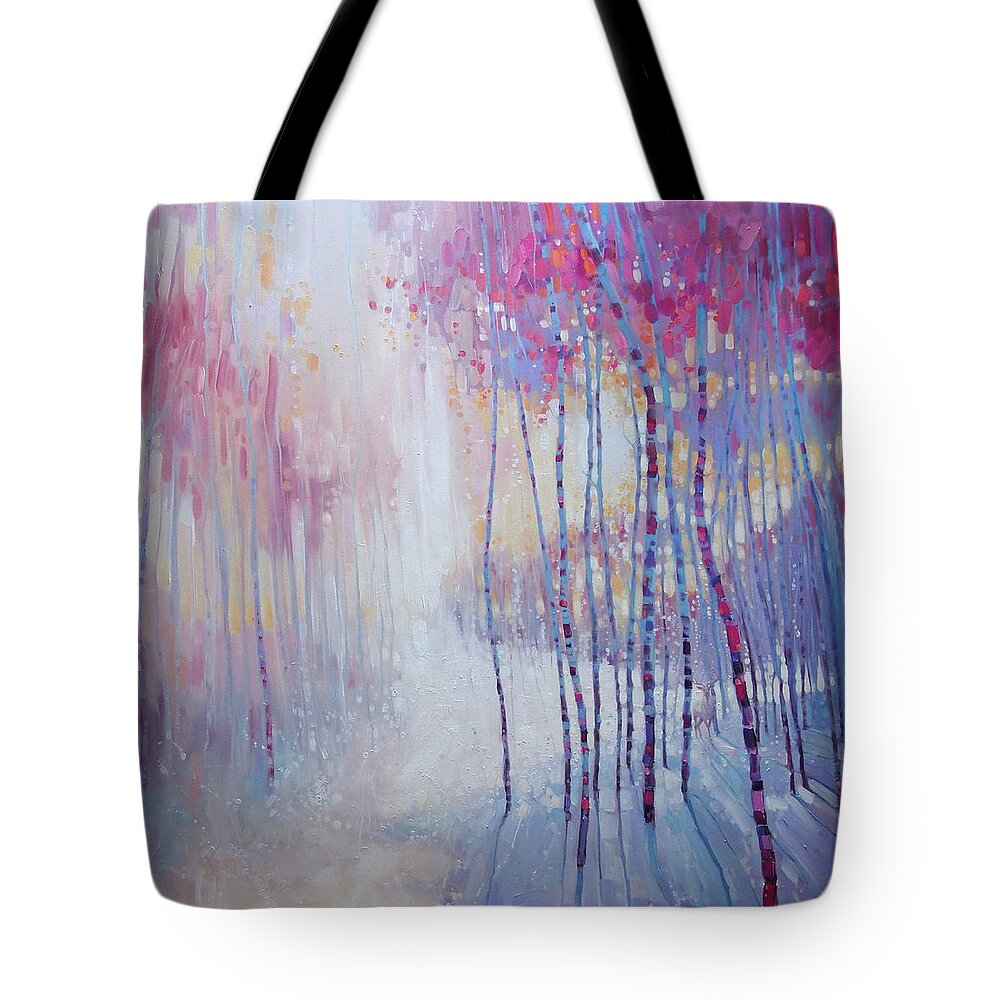 Snowy Landscapes Tote Bag featuring the painting Soul of Winter - a snowy forest with a albino deer by Gill Bustamante