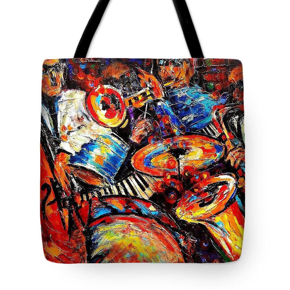 Energy Spiritual Art Tote Bag featuring the painting SOUNDS OF JAZZ. Collection Jazz and The City by Helen Kagan