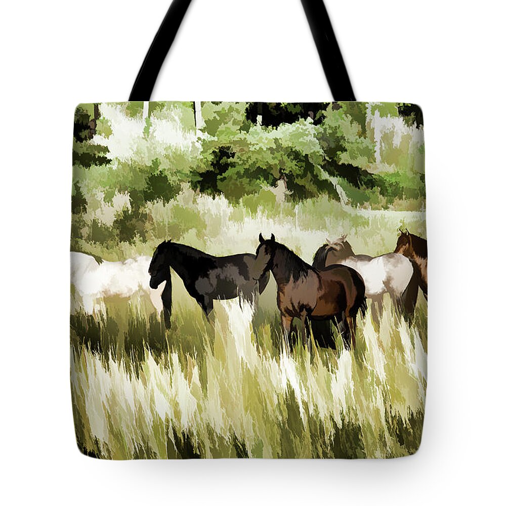 Horse Tote Bag featuring the mixed media South Dakota Herd of Horses by Wilma Birdwell