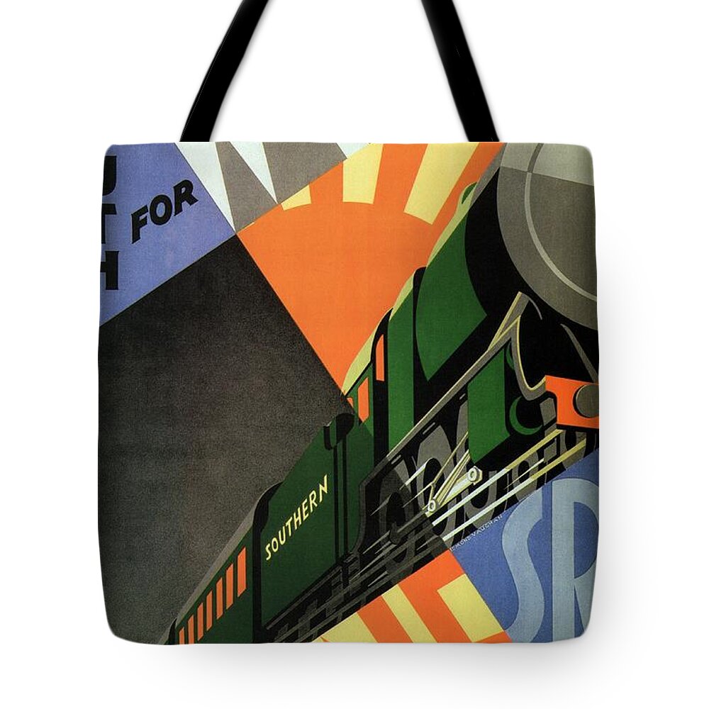 South For Winter Tote Bag featuring the painting South for Winter - Southern Railway Art Deco Poster - Vintage Travel Advertising by Studio Grafiikka