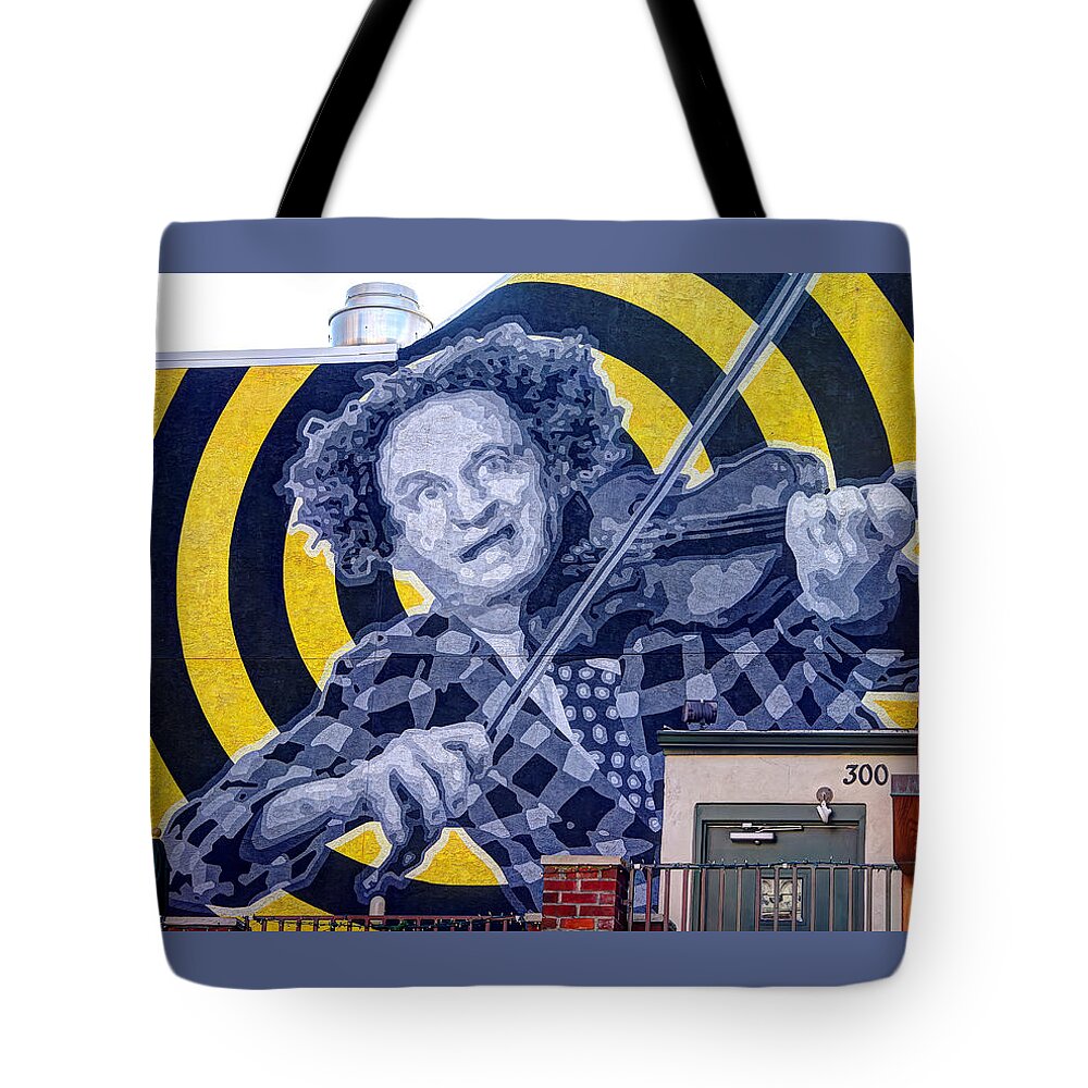 Philadelphia Tote Bag featuring the photograph South Philly Skyline - Larry Fine of the Three Stooges Wall Mural-B - Third and South Streets by Michael Mazaika