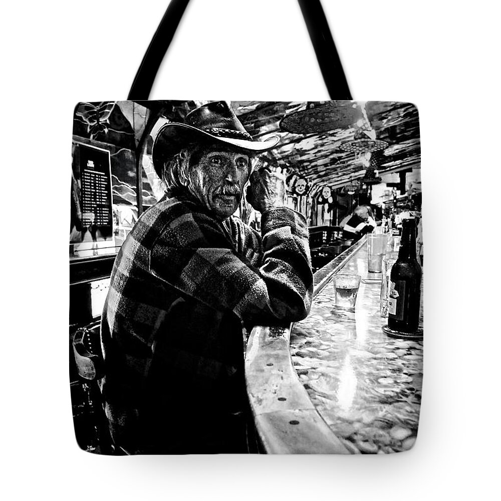 Black And White Photograph Portrait Of Dude Drinking Whiskey And Beer In A Dive Bar Tote Bag featuring the photograph Southern Dude by Joan Reese